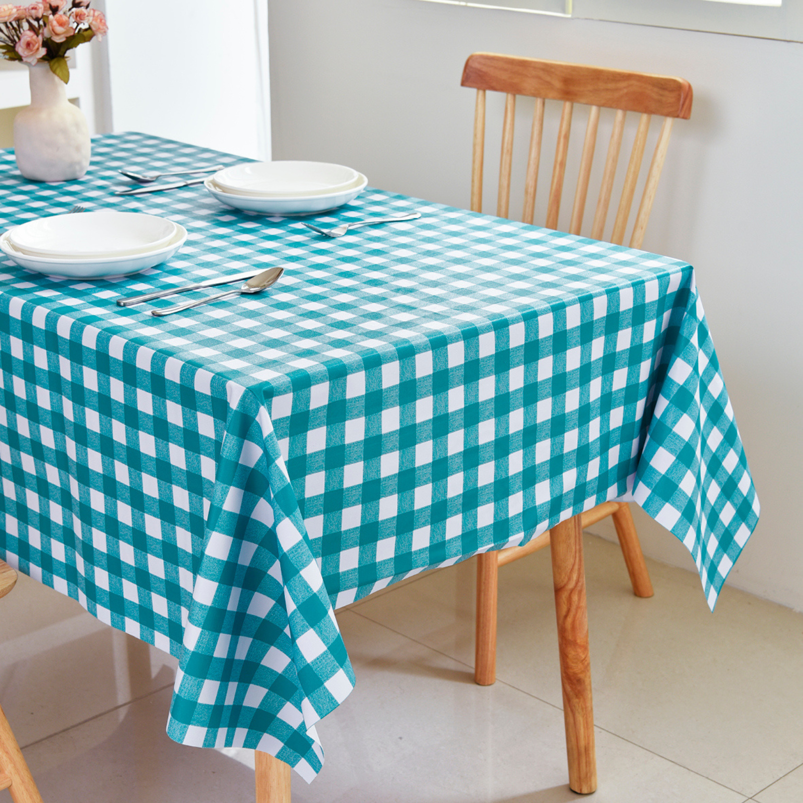 Waterproof PVC Checkered Tablecloth-Turquoise
