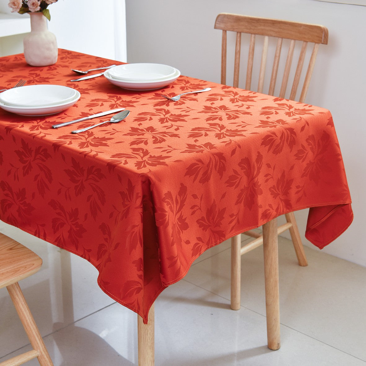 Classic Floral Jacquard Tablecloth – Coral Red (Rectangle)