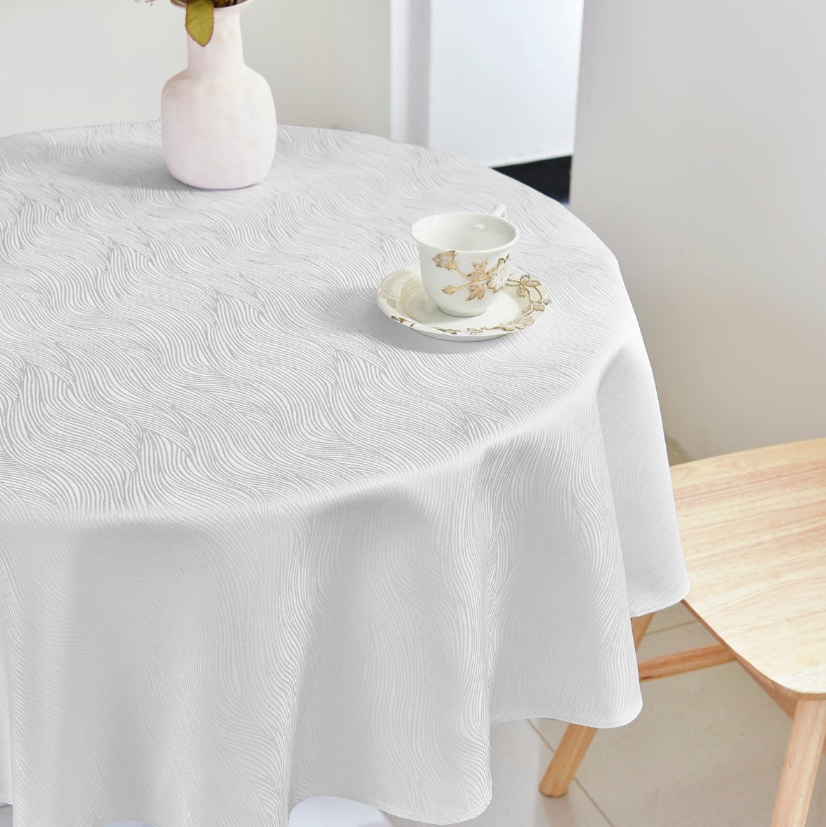 Ripple Texture Polyester Tablecloth-Round-White