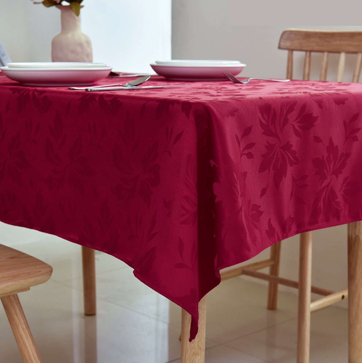 Floral Polyester Tablecloth- Rectangle-Burgundy
