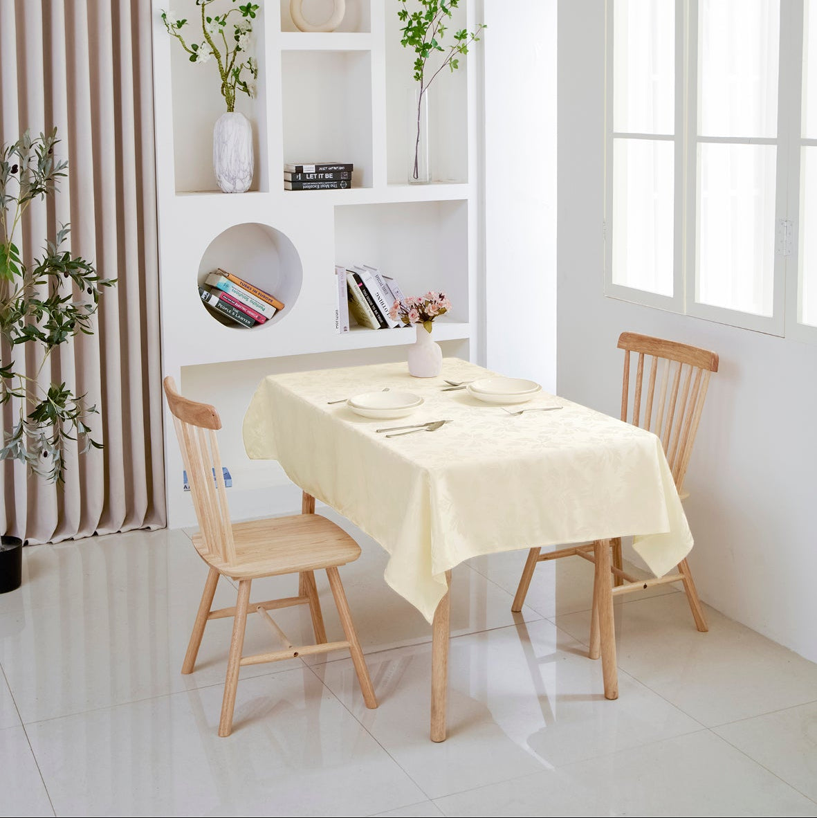 Floral Polyester Tablecloth- Rectangle-Beige