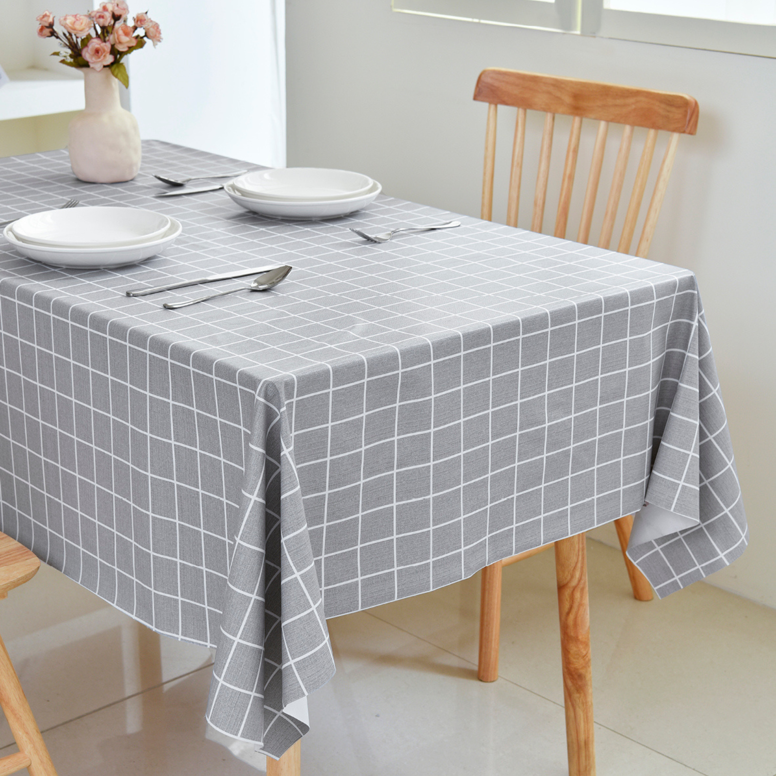 PVC Checkered Tablecloth-Rectangle-Grey and White