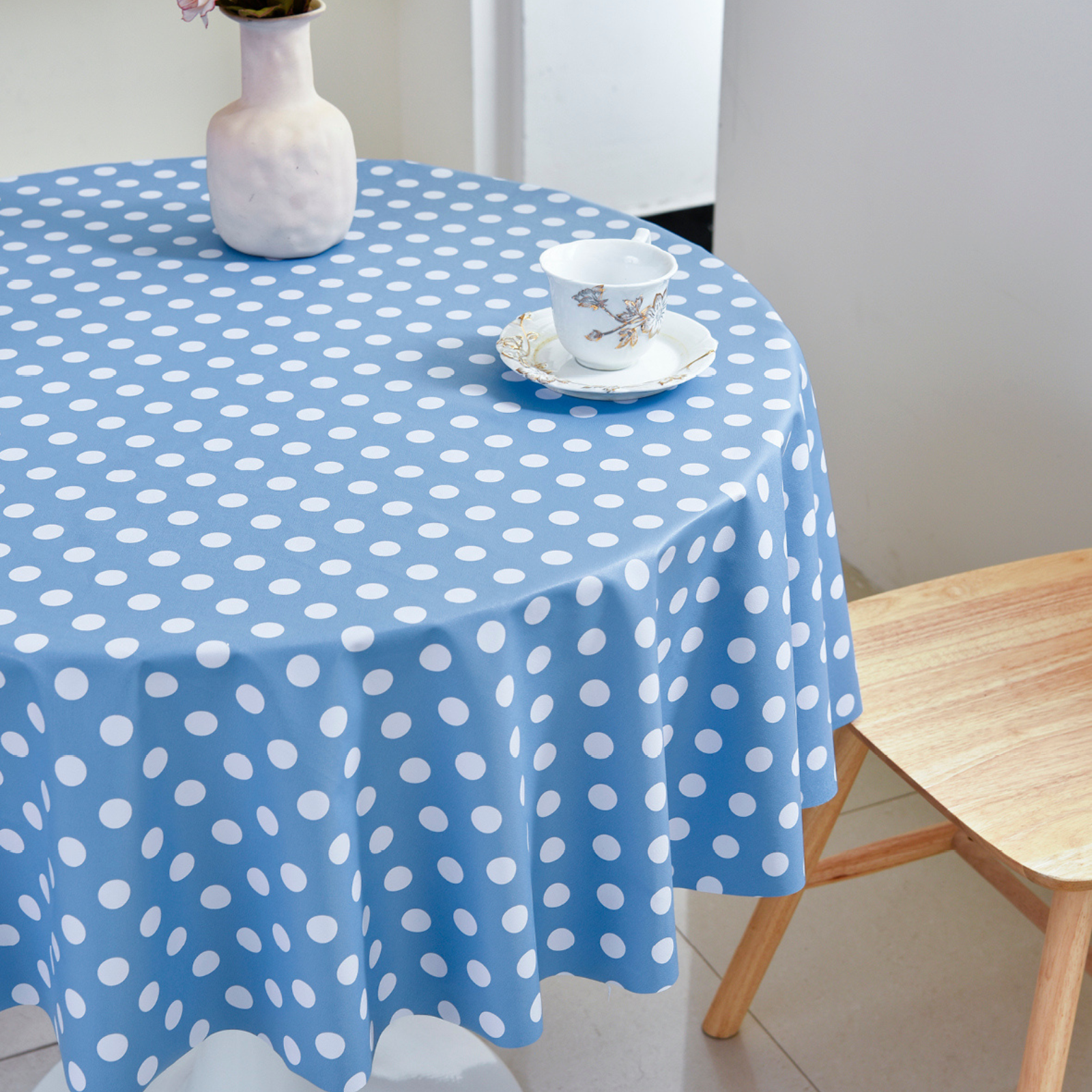 Waterproof Polka Dot Tablecloth-Round-Blue