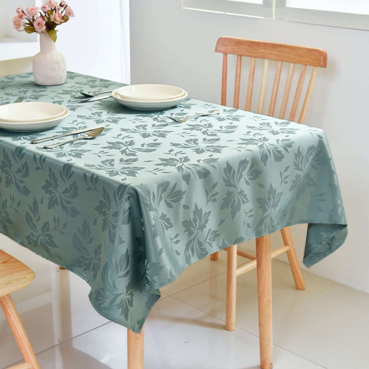 Floral Polyester Tablecloth- Rectangle-Blue
