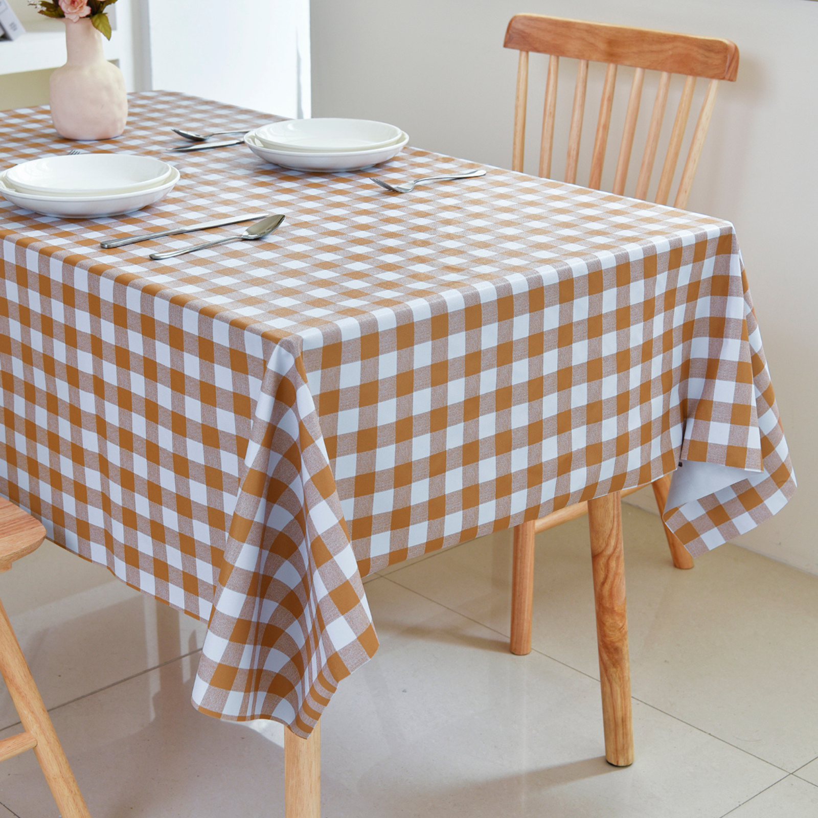 Waterproof PVC Checkered Tablecloth- coffee
