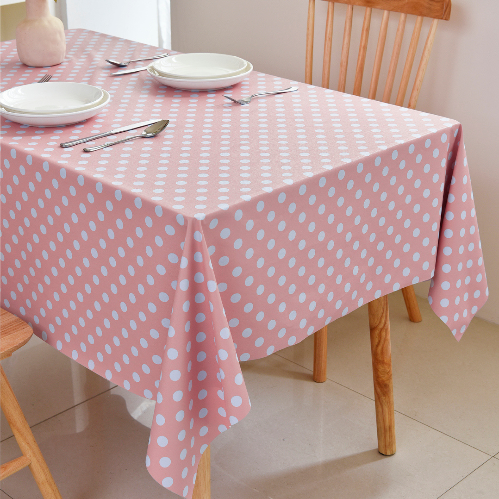 Waterproof Polka Dot Tablecloth-Pink