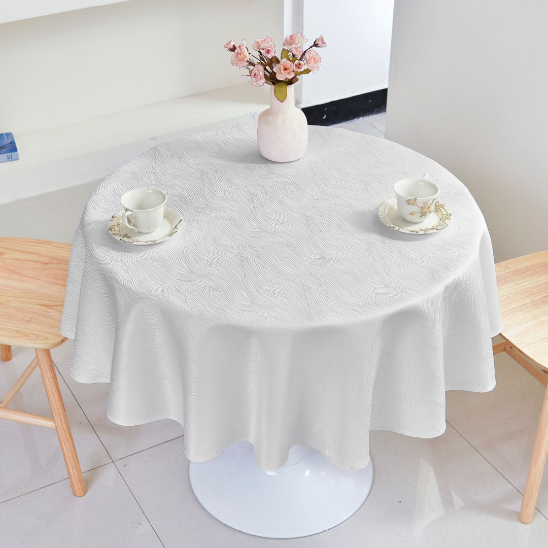 Floral Polyester Tablecloth-Round-White