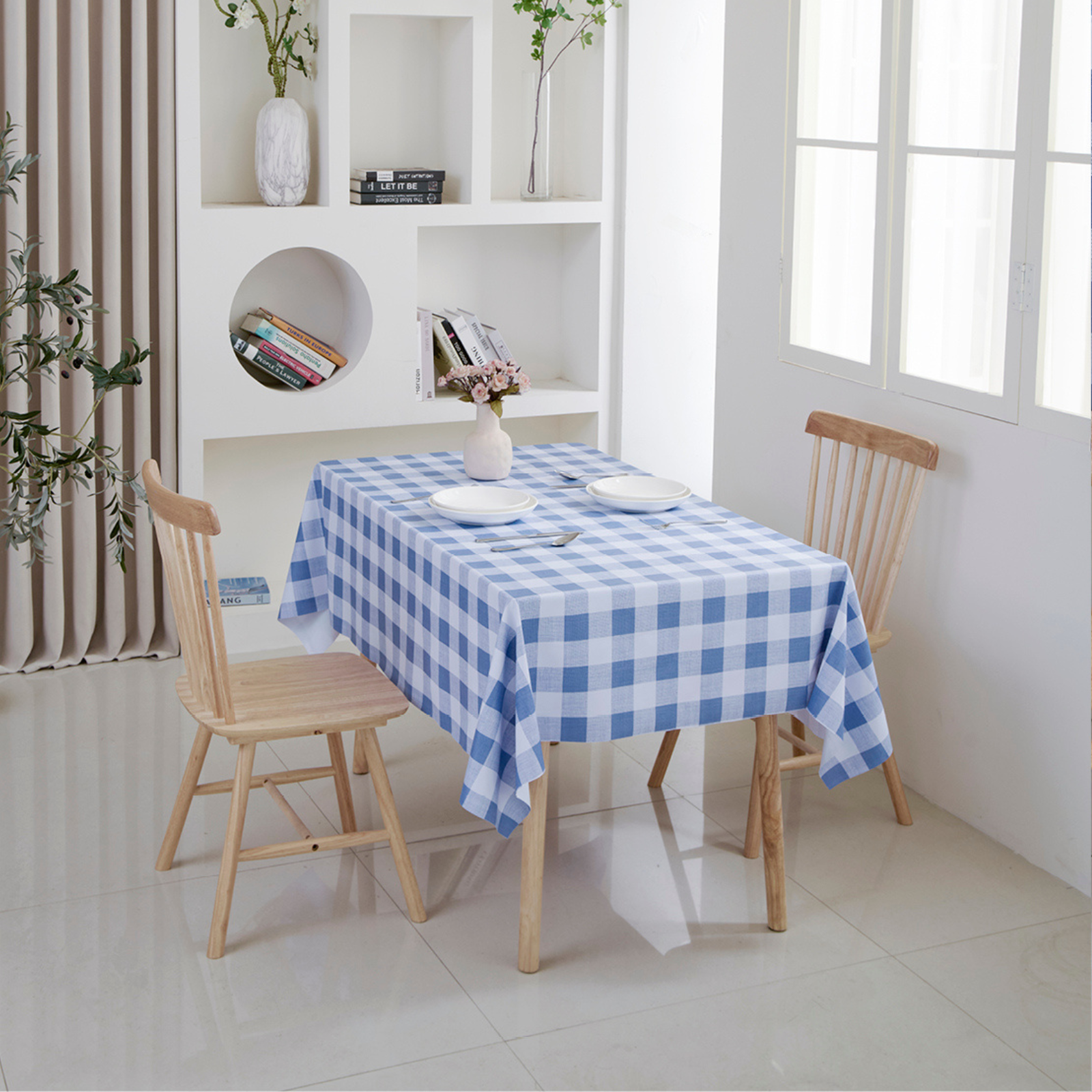 PVC Checkered Tablecloth-Rectangle-Light Blue Plaid