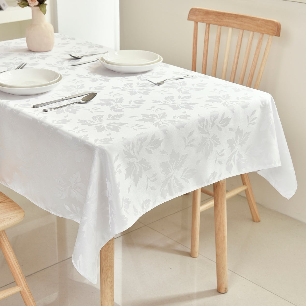 Floral Polyester Tablecloth- Rectangle-White