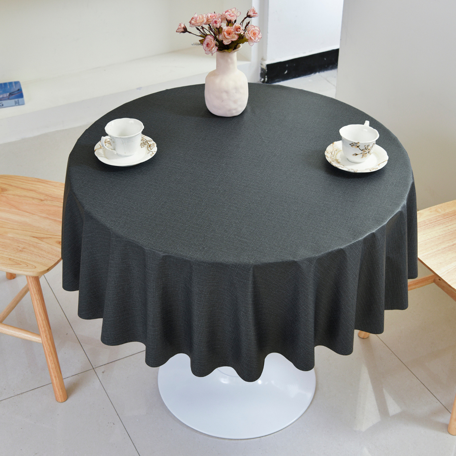 PVC Solid Tablecloth-Round-Charcoal Black