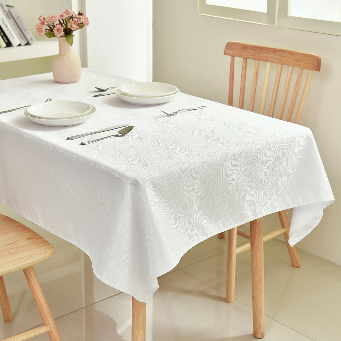 Ripple Texture Polyester Tablecloth-Rectangle-White