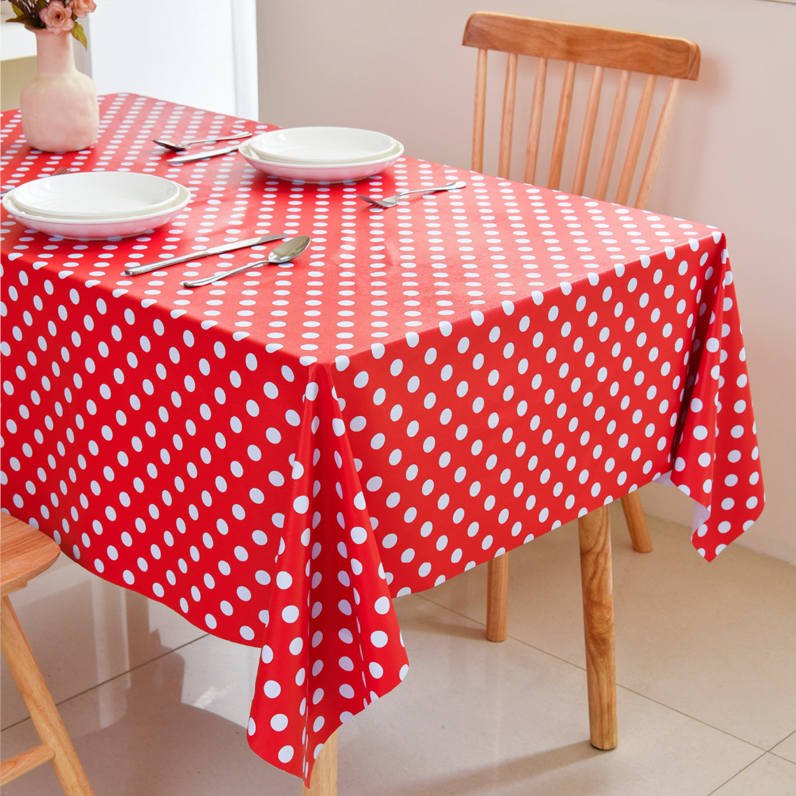 Waterproof Polka Dot Tablecloth-Red
