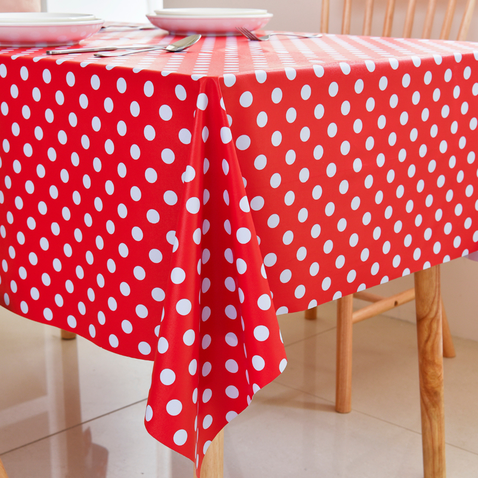 Waterproof Polka Dot Tablecloth-Red