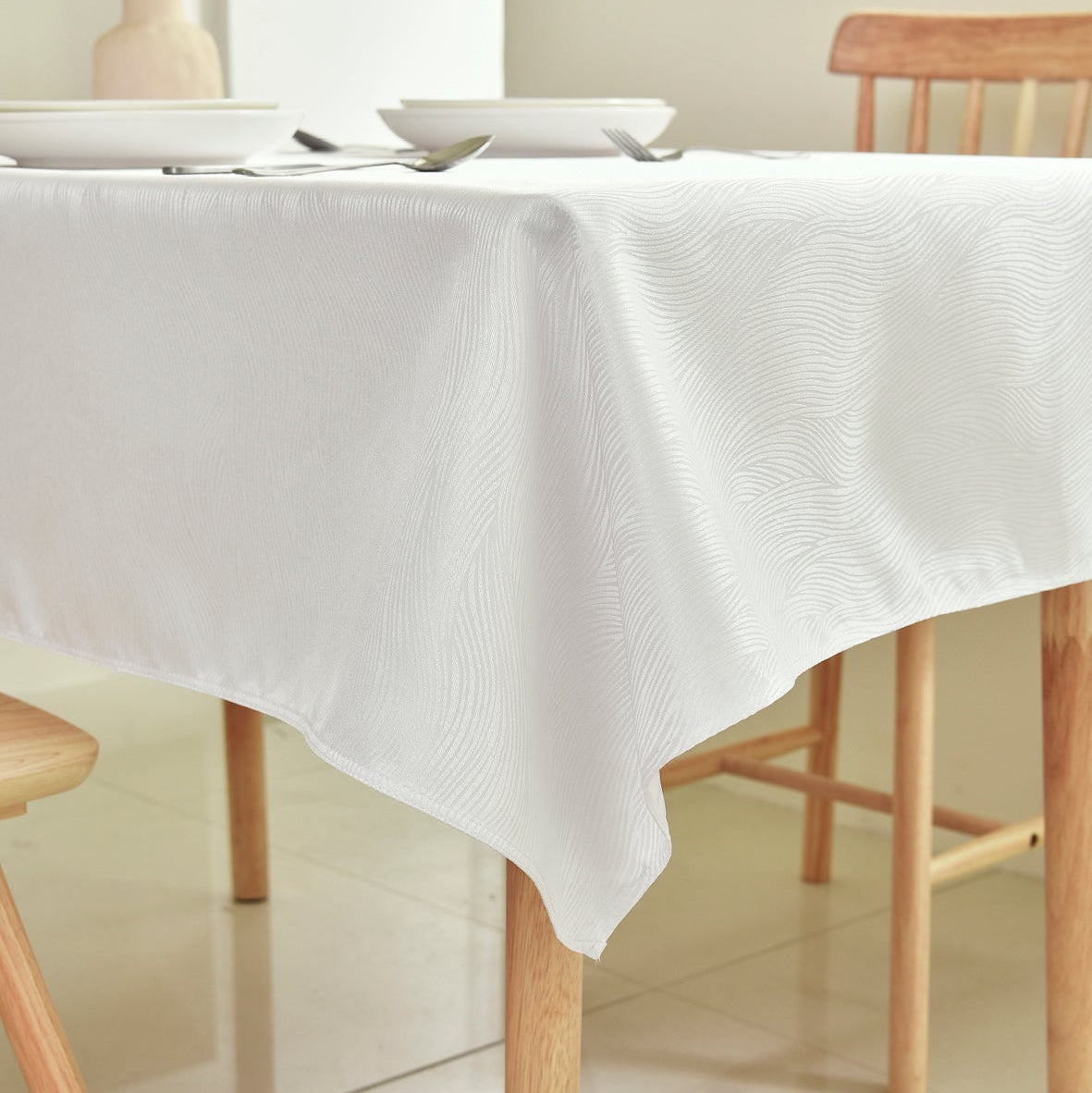 Ripple Texture Polyester Tablecloth-Rectangle-White