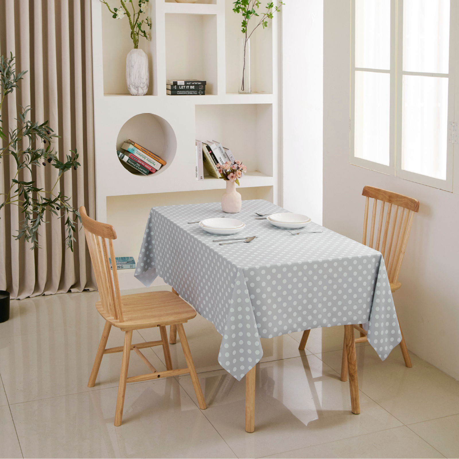PVC Dot Tablecloth-Rectangle-Grey and White