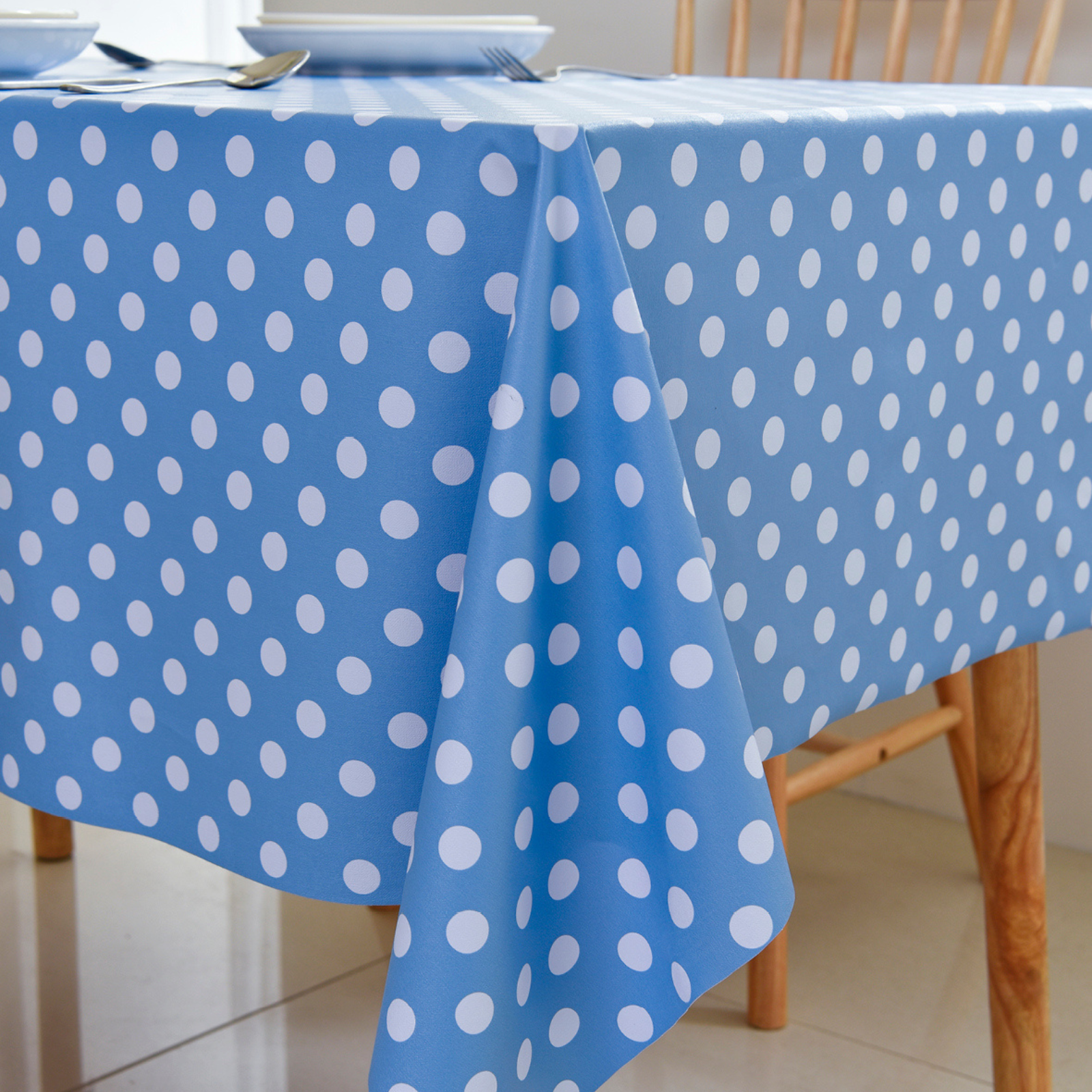 Waterproof Polka Dot Tablecloth-Blue