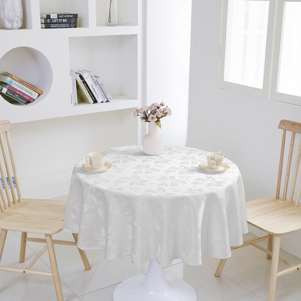 Classic Floral Jacquard Tablecloth – White (Round)
