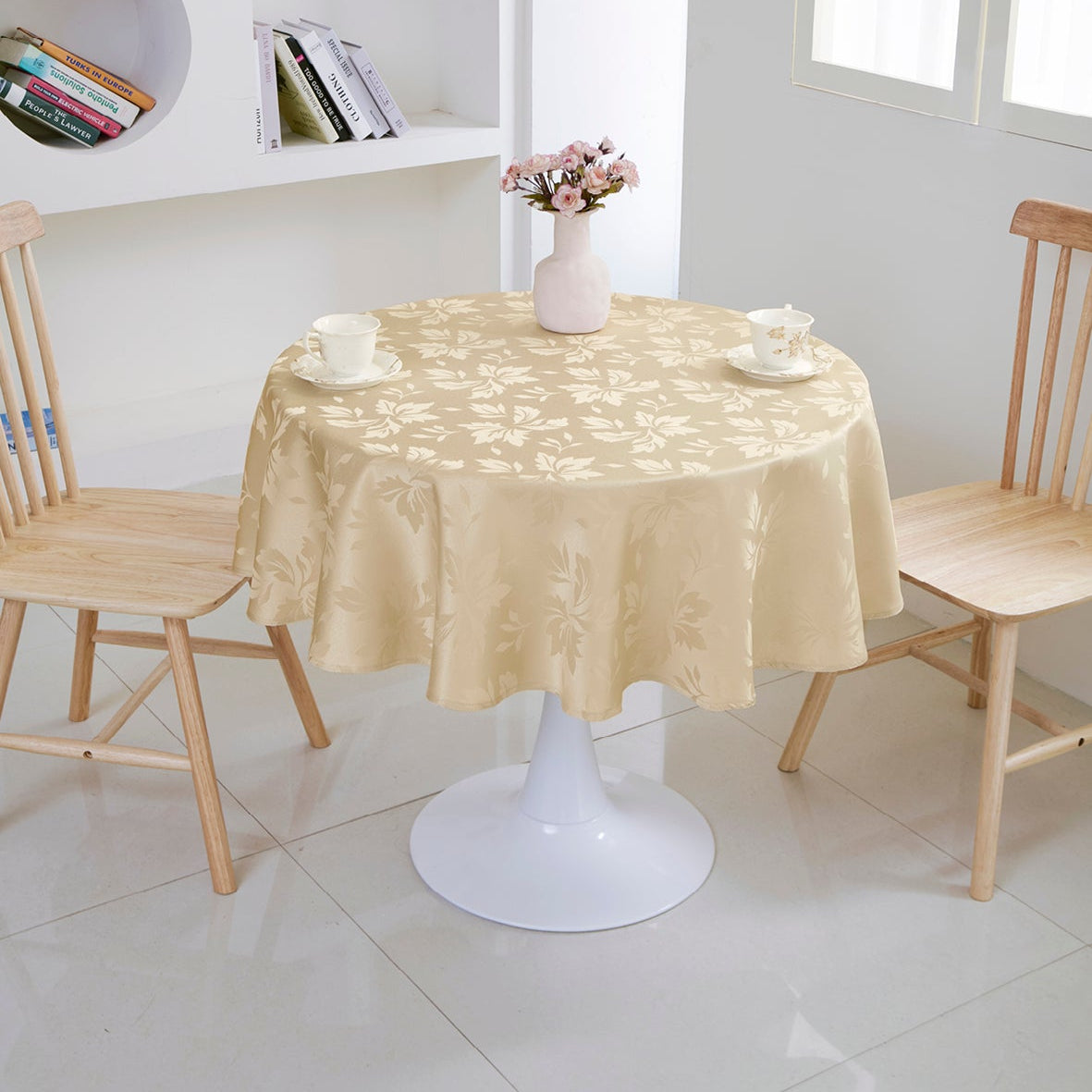 Floral Polyester Tablecloth-Round-Champagne
