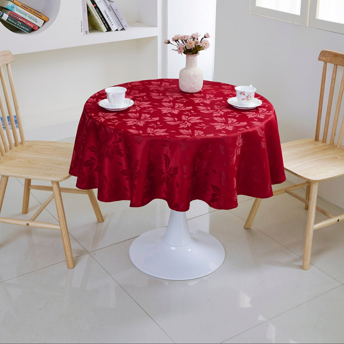 Floral Polyester Tablecloth-Round-Red