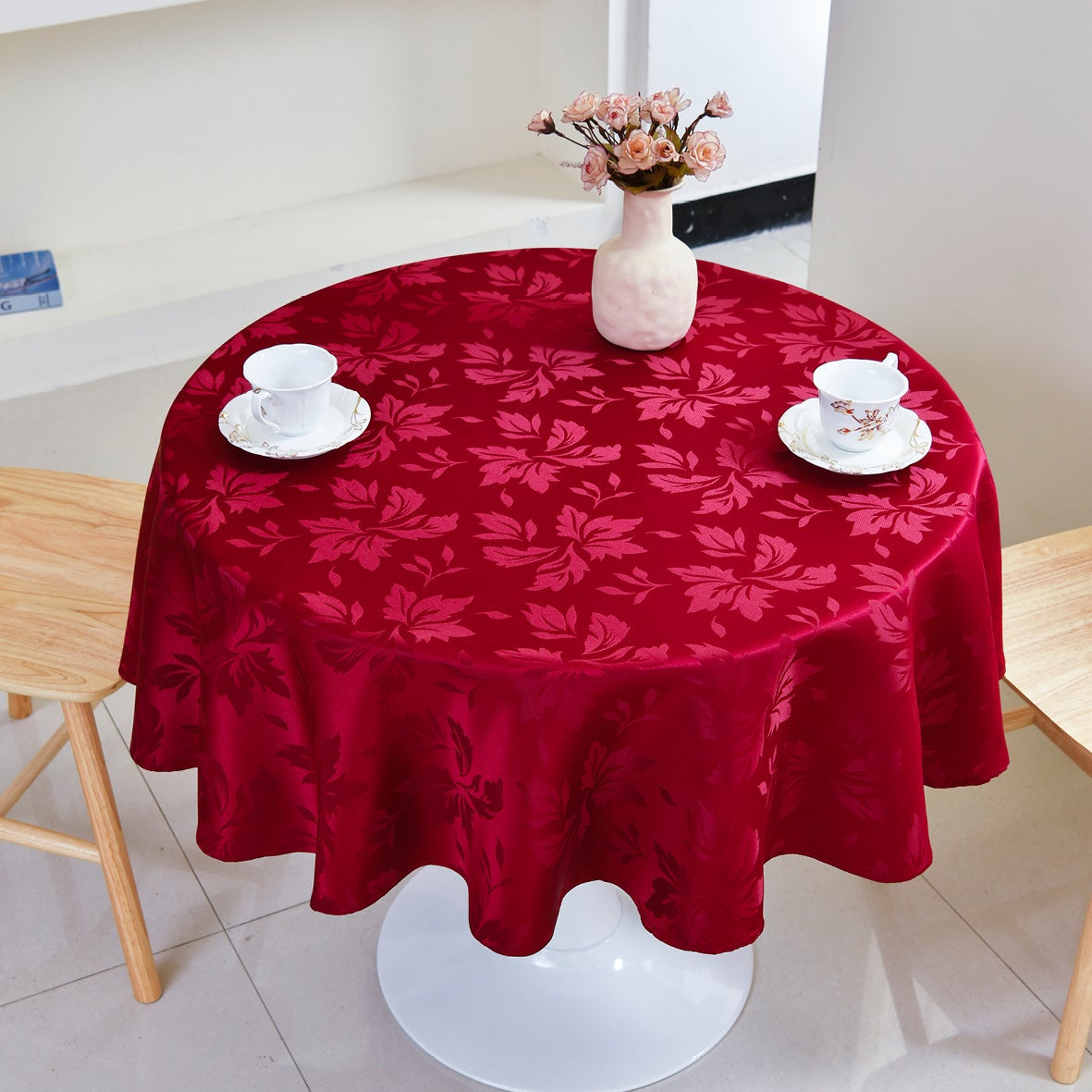 Floral Polyester Tablecloth-Round-Burgundy