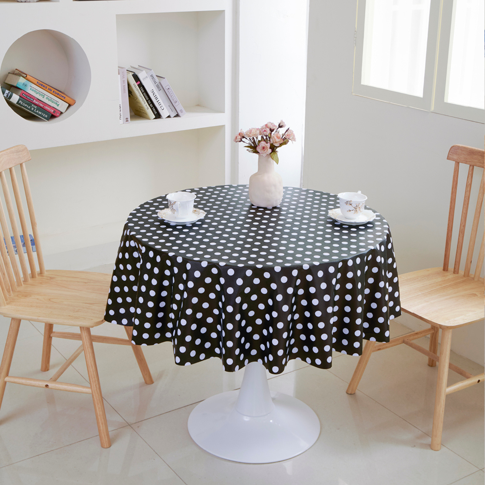 Waterproof Polka Dot Tablecloth-Round-Black