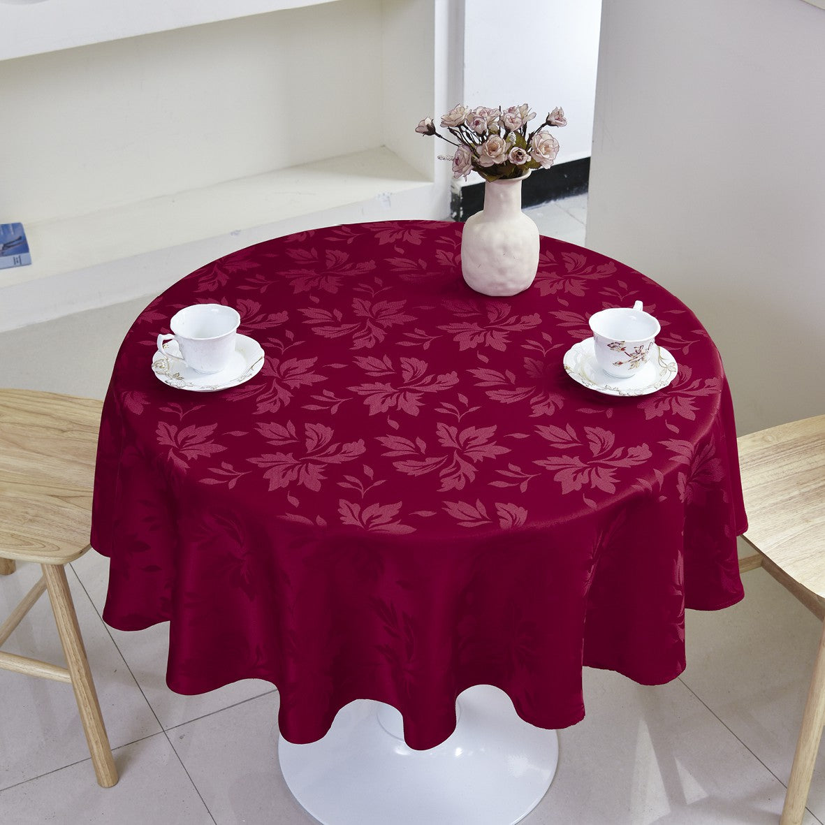 Classic Floral Jacquard Tablecloth – Burgundy (Round)