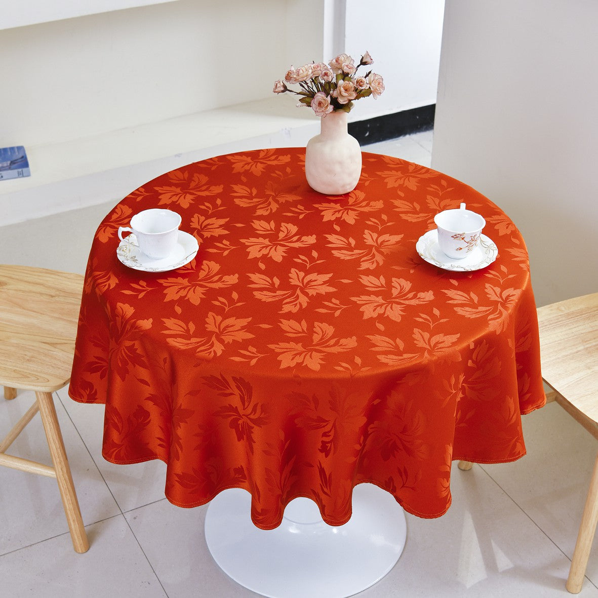 Classic Floral Jacquard Tablecloth – Coral Red (Round)