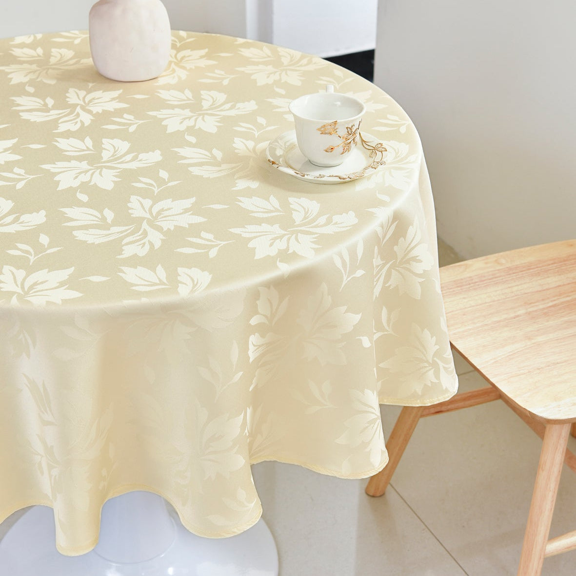 Floral Polyester Tablecloth-Round-Beige