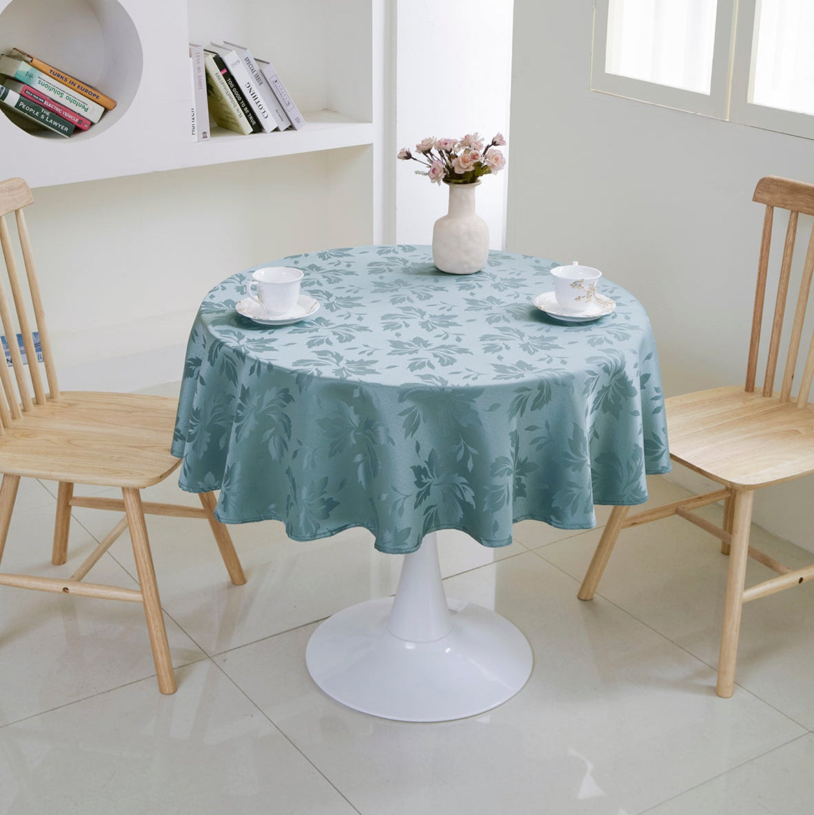 Floral Polyester Tablecloth-Round-Blue