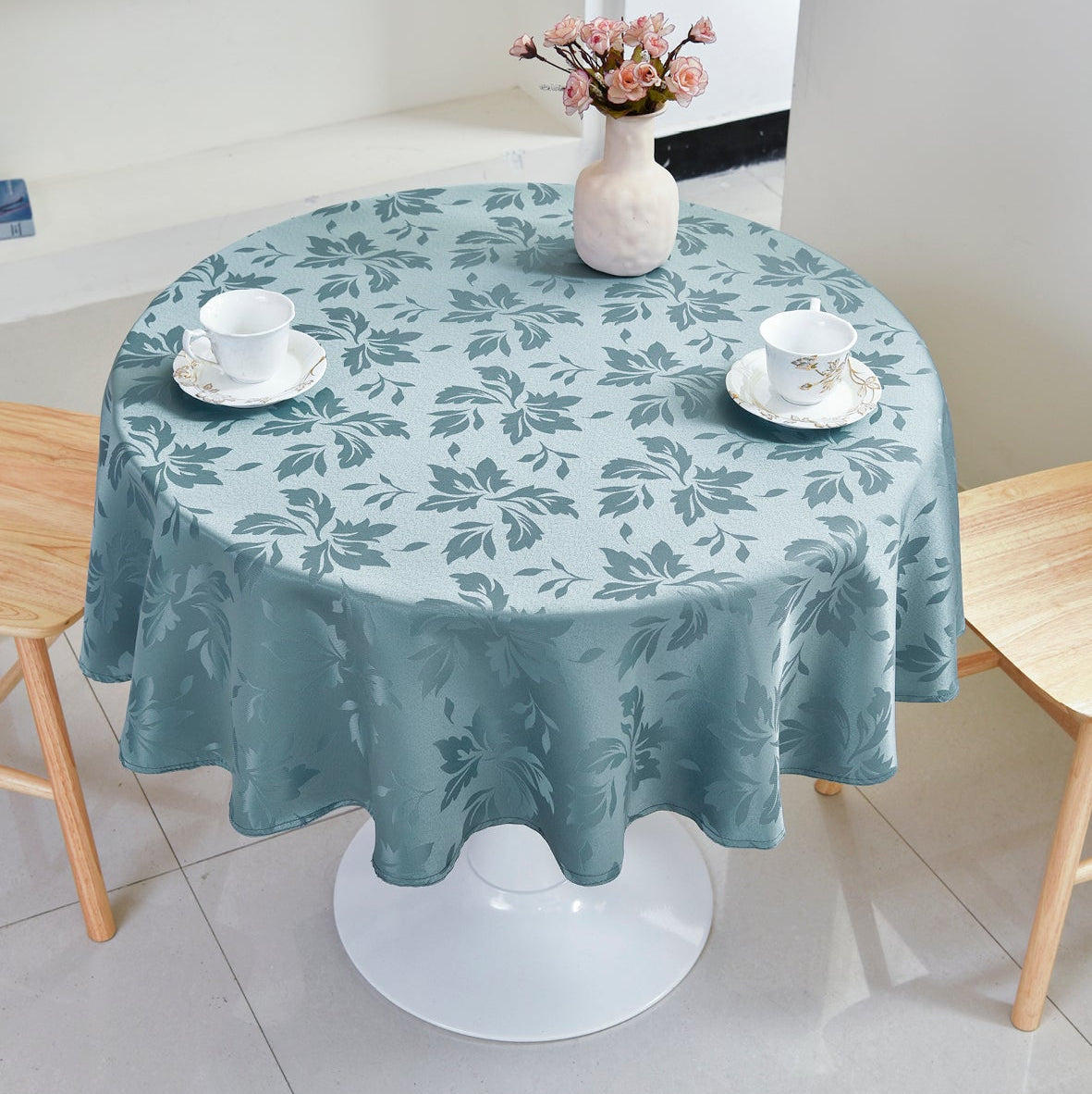 Floral Polyester Tablecloth-Round-Blue