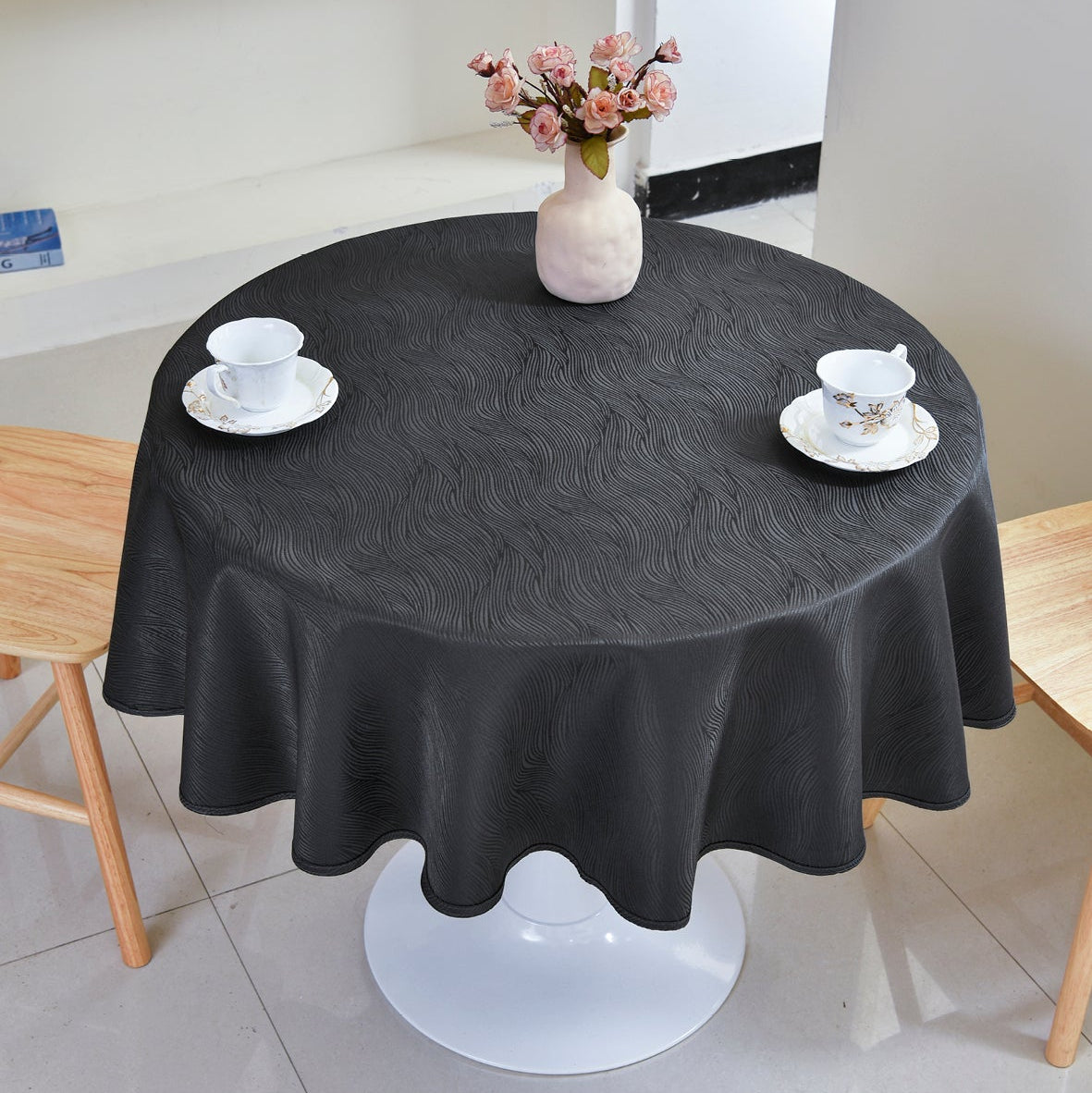 Ripple Texture Polyester Tablecloth-Round-Black