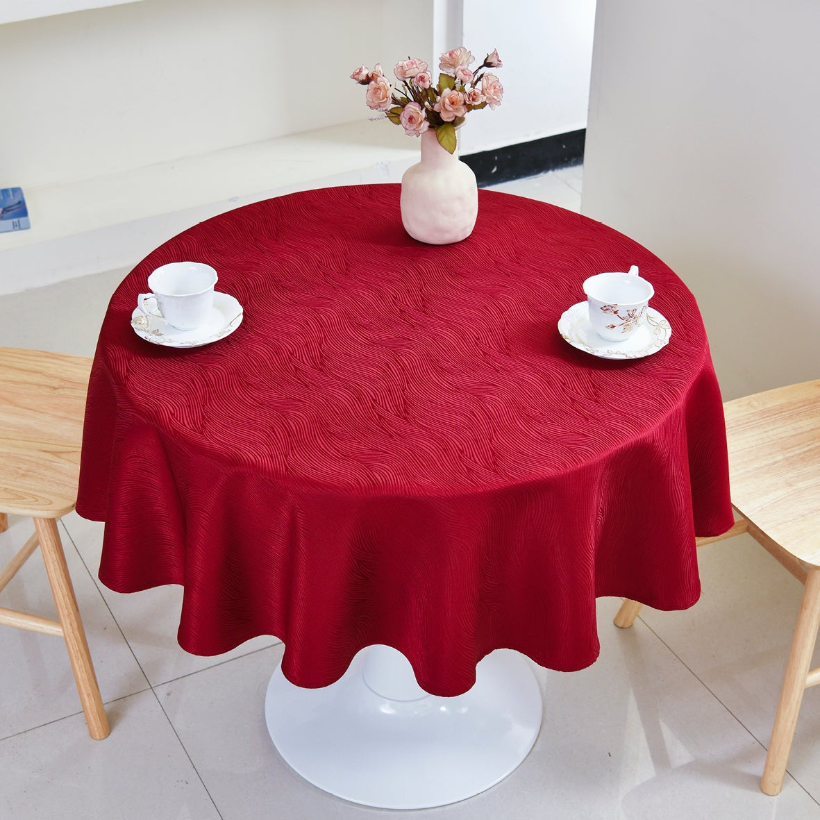 Ripple Texture Polyester Tablecloth-Round-Burgundy