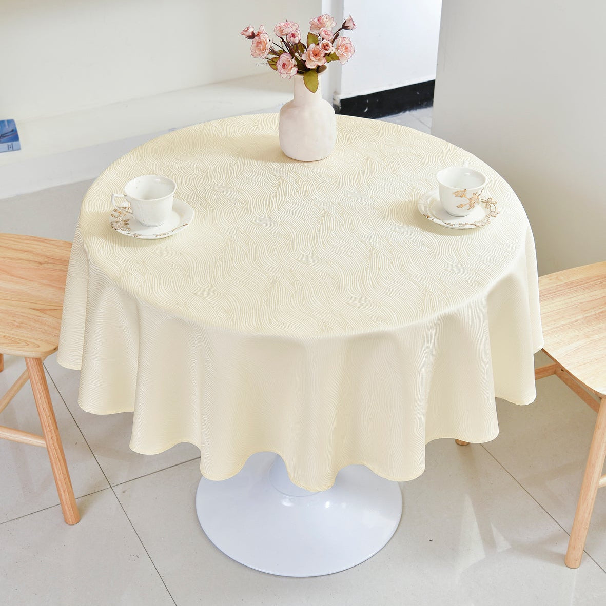 Ripple Texture Polyester Tablecloth-Round-Beige