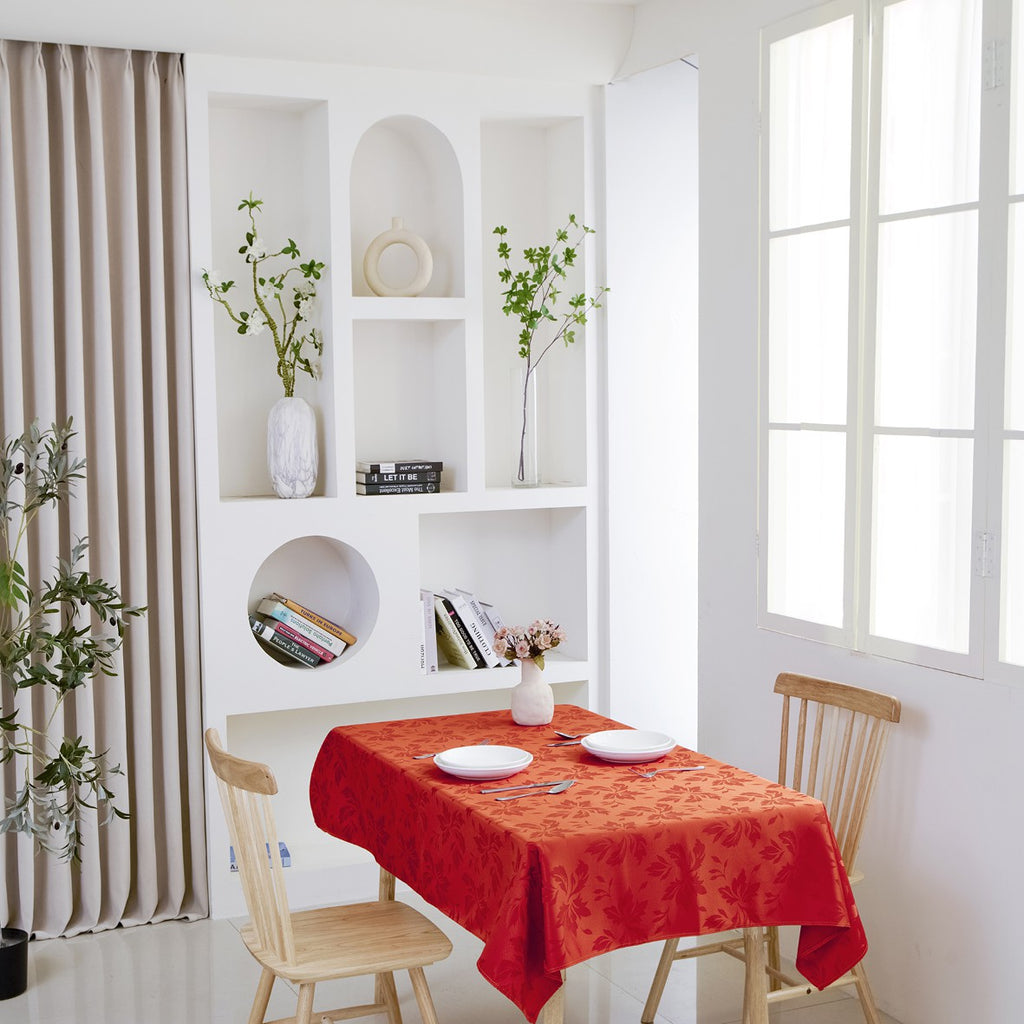 Classic Floral Jacquard Tablecloth – Coral Red (Rectangle)